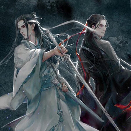 wei wuxian and lan wangji standing back to back in combat stances.
