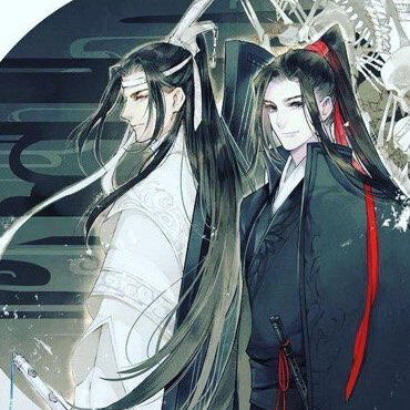 wei wuxian and lan wangji standing next to each other, with lan wangji’s qin on his back.