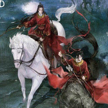 wei wuxian and lan wangji dressed in red robes on horseback.