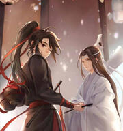wei wuxian and lan wangji silhouetted against lanterns.